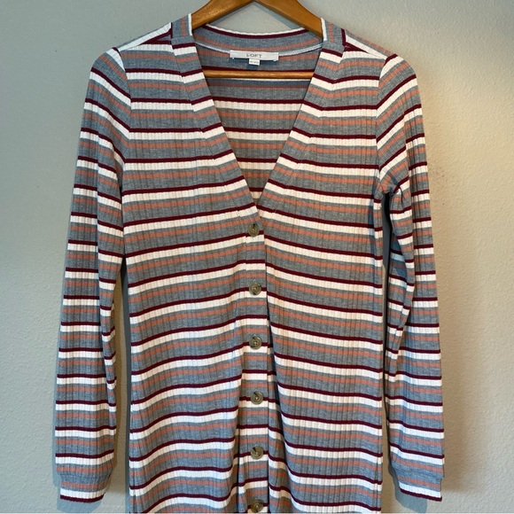 Loft Stripe Ribbed Button Down Long Sleeve Duster Cardigan Dress Size XXS - Picture 6 of 16